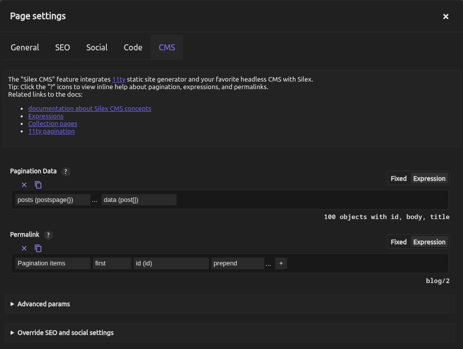 The CMS tab of the Page settings: Pagination Data set to posts, then data, with 100 objects; Permalink set to Pagination items, first, id, prepend, which gives blog/2