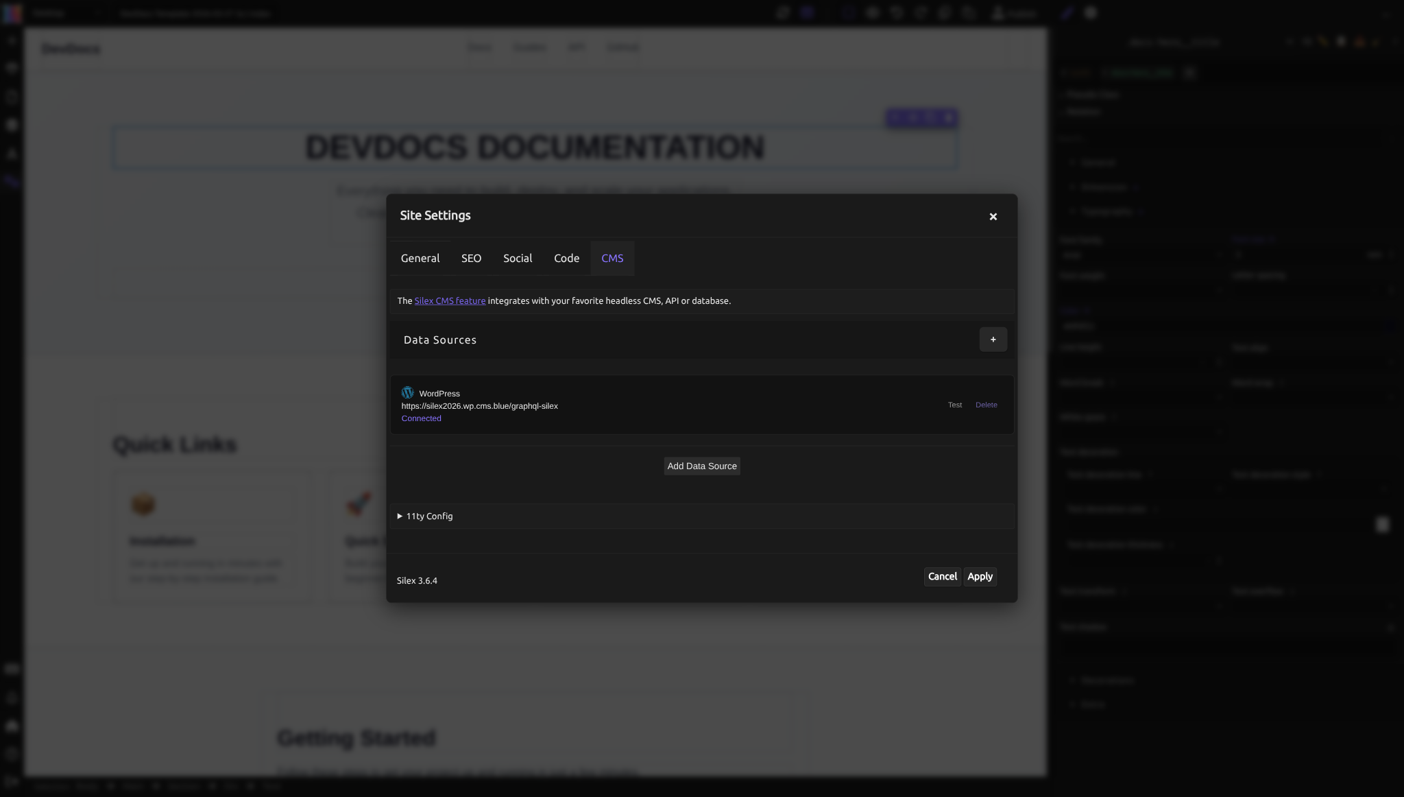 The CMS settings tab showing a connected WordPress data source with its GraphQL endpoint URL and "Connected" status