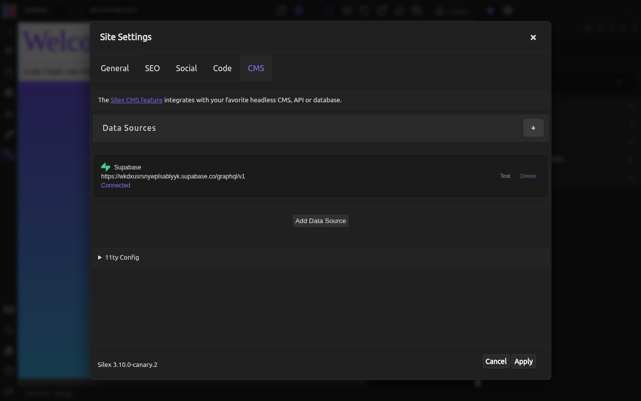 The Supabase data source is connected