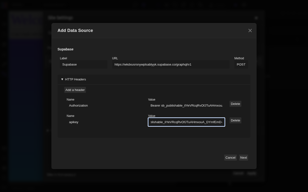 The Add Data Source dialog filled in for Supabase