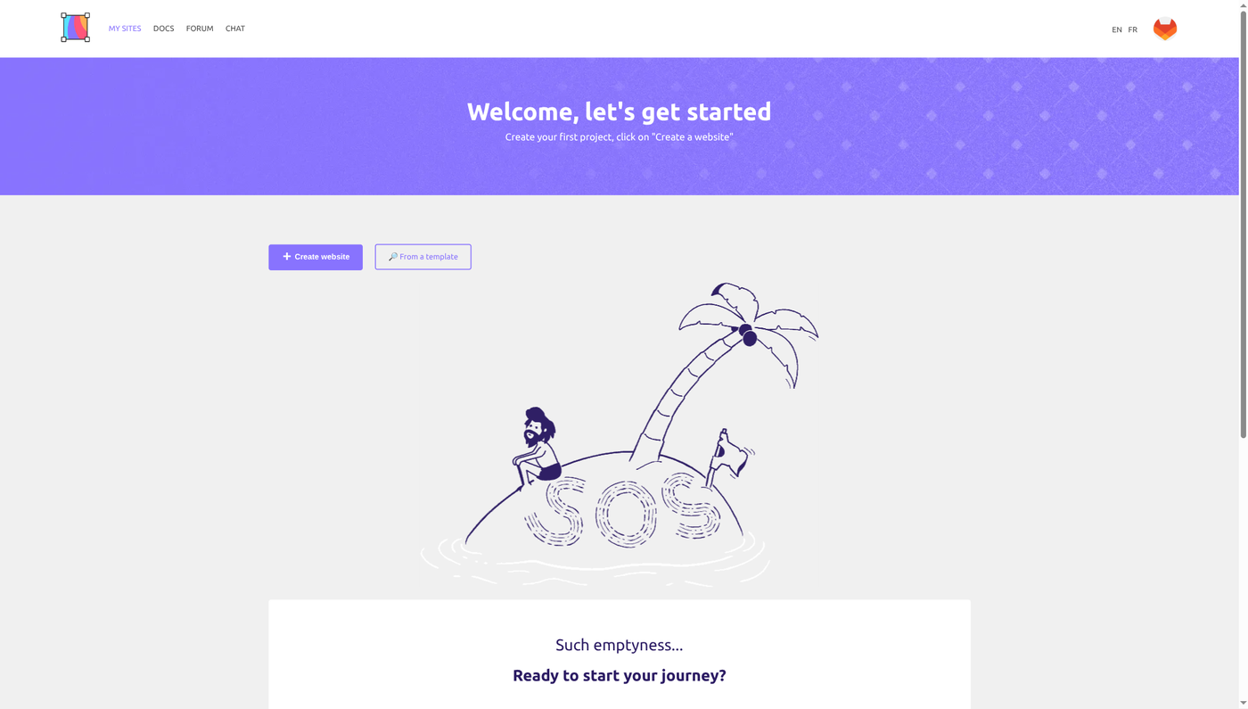 The Silex dashboard for a new account: a welcome message, Create website and From a template buttons, and an empty site list