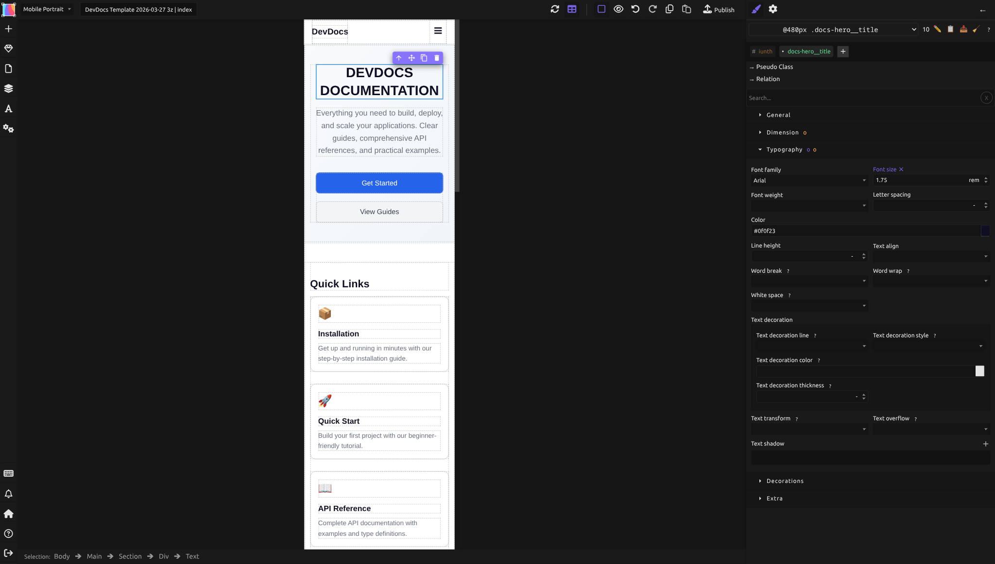 Mobile Portrait preview showing the responsive layout with stacked cards and hamburger navigation
