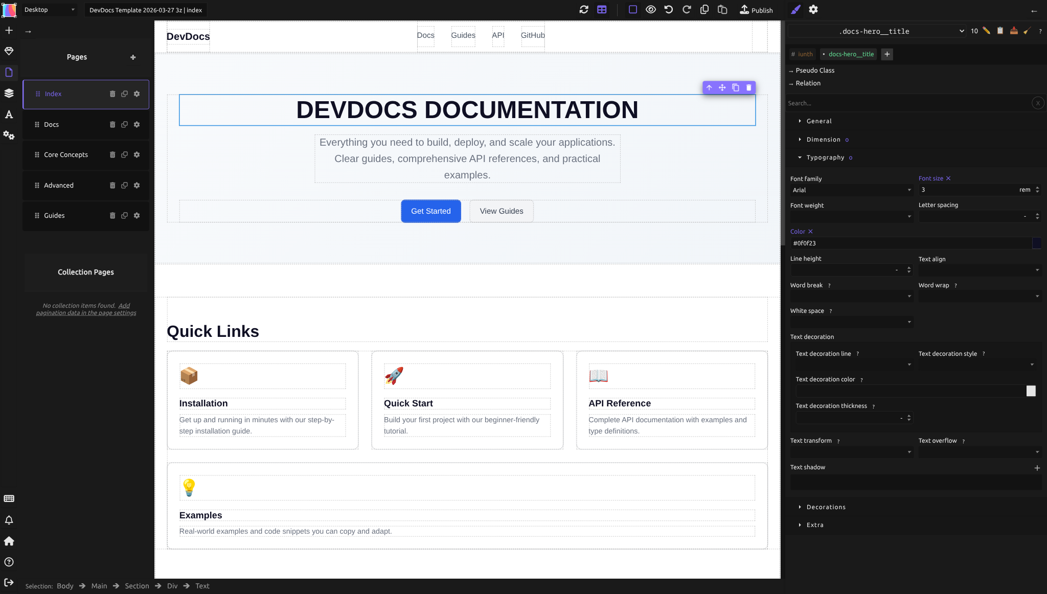 The Pages panel listing five pages (Index, Docs, Core Concepts, Advanced, Guides) with delete, clone, and settings buttons, plus a Collection Pages section below