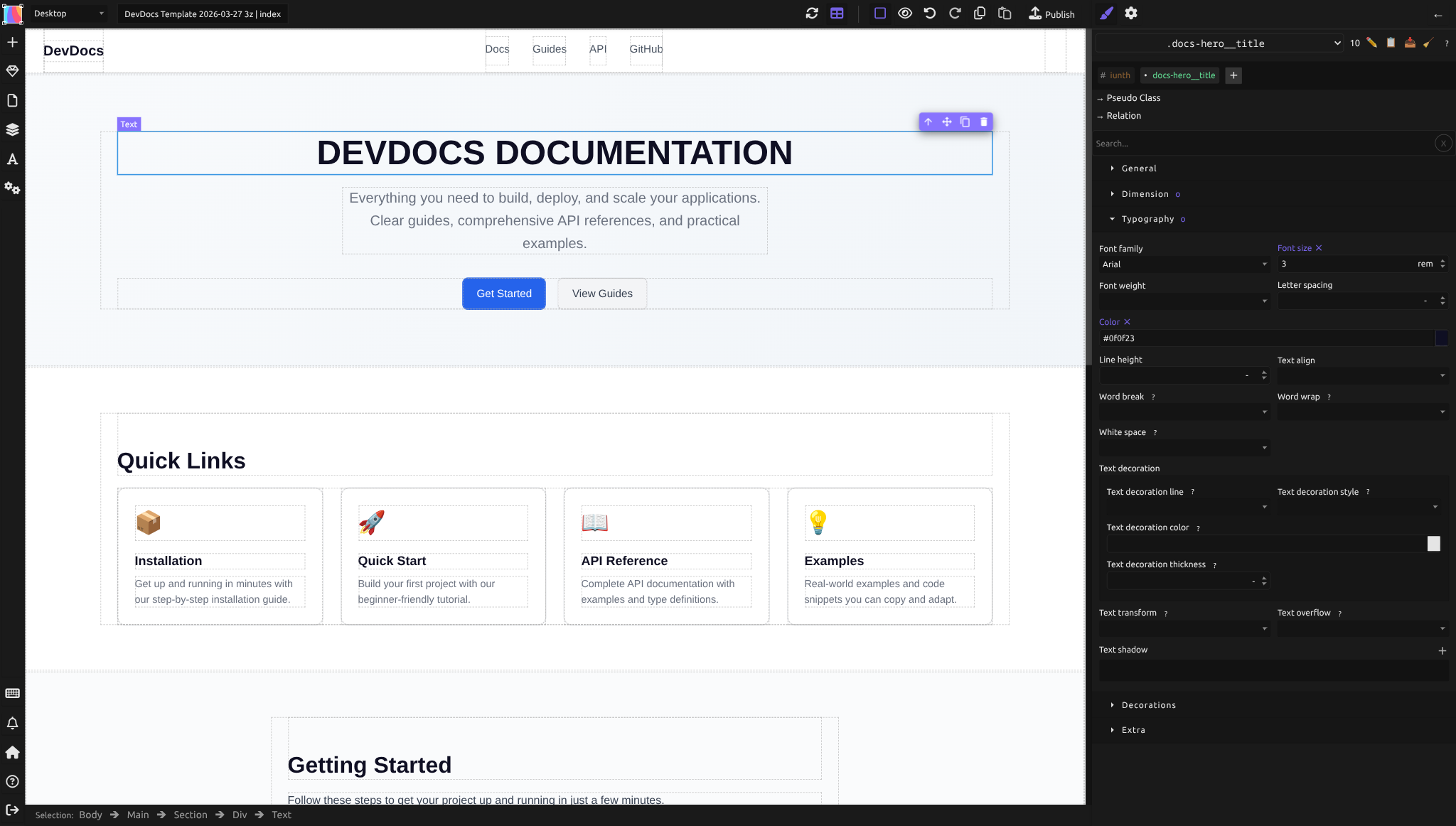 A selected heading element showing its BEM class name (.docs-hero__title) in the Style Manager, with the breadcrumb path Body → Main → Section → Div → Text at the bottom