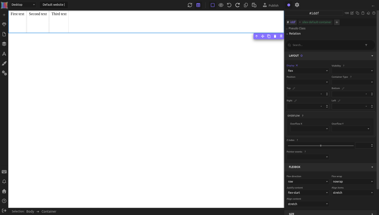 A Container with three Text blocks side by side; the Container is selected, the Layout sector shows Display flex and the Flexbox sector below shows its default settings
