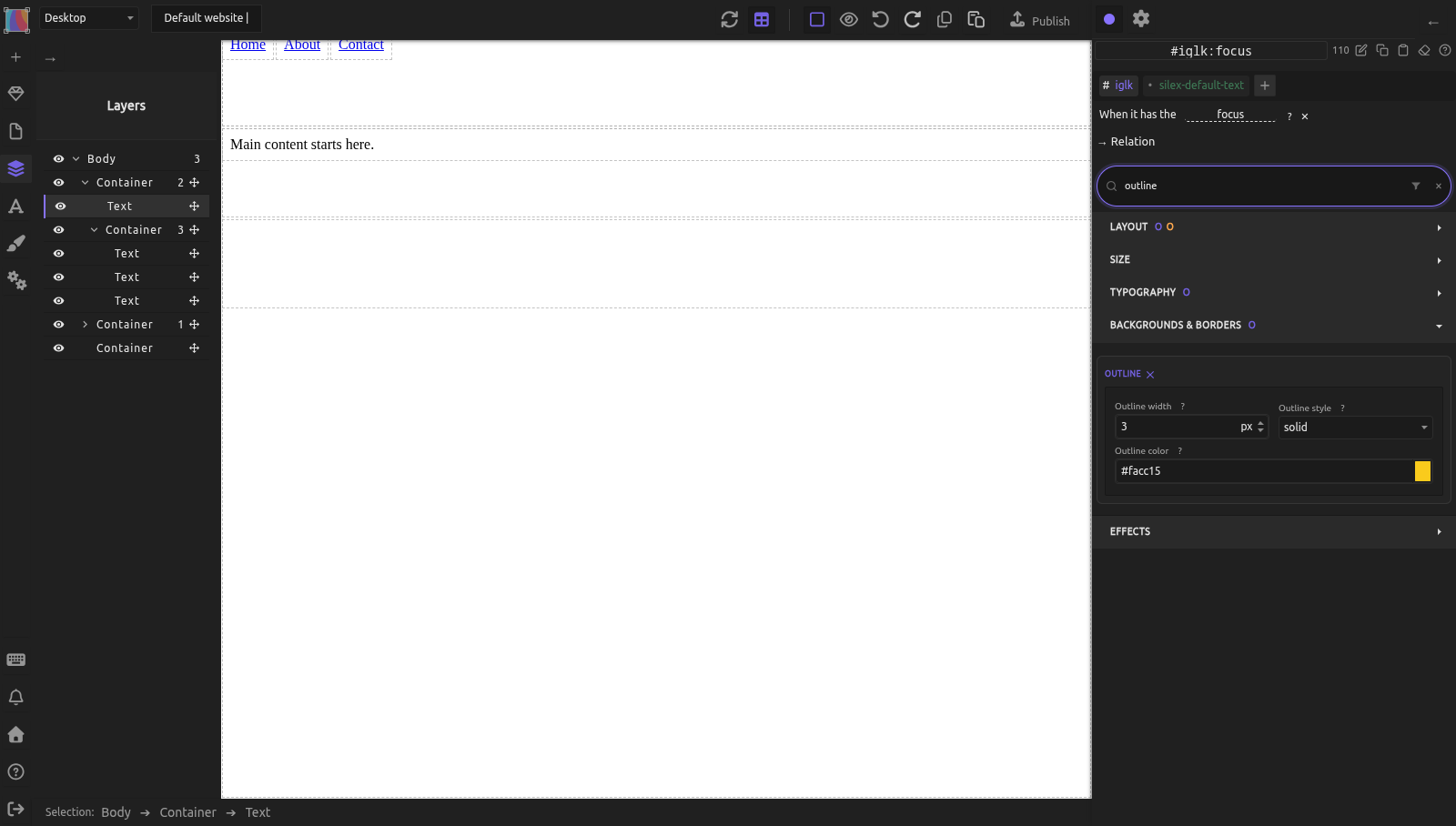A link selected in the editor, with the selector #iglk:focus and the line When it has the focus at the top of the Style panel, and the Outline fields below: width 3px, style solid, color #facc15
