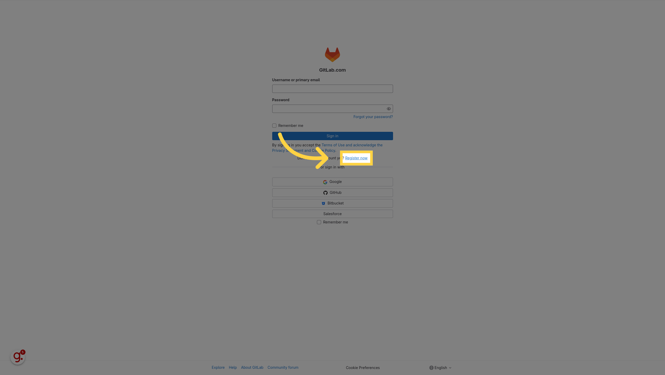 The GitLab.com sign-in page with the Register now link highlighted