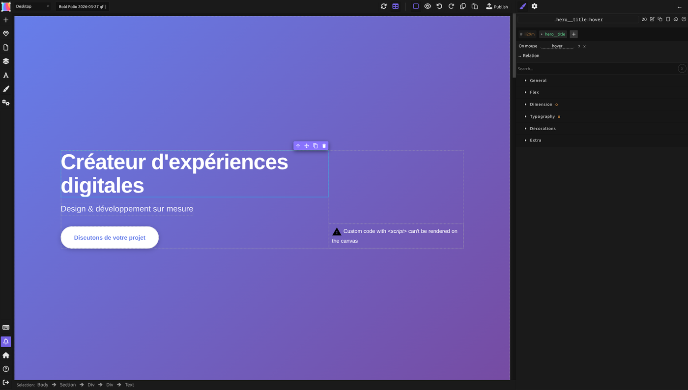 The selector showing .hero__title:hover with a dropdown of available pseudo-classes (hover, active, focus, nth-child, etc.) and a link to MDN documentation