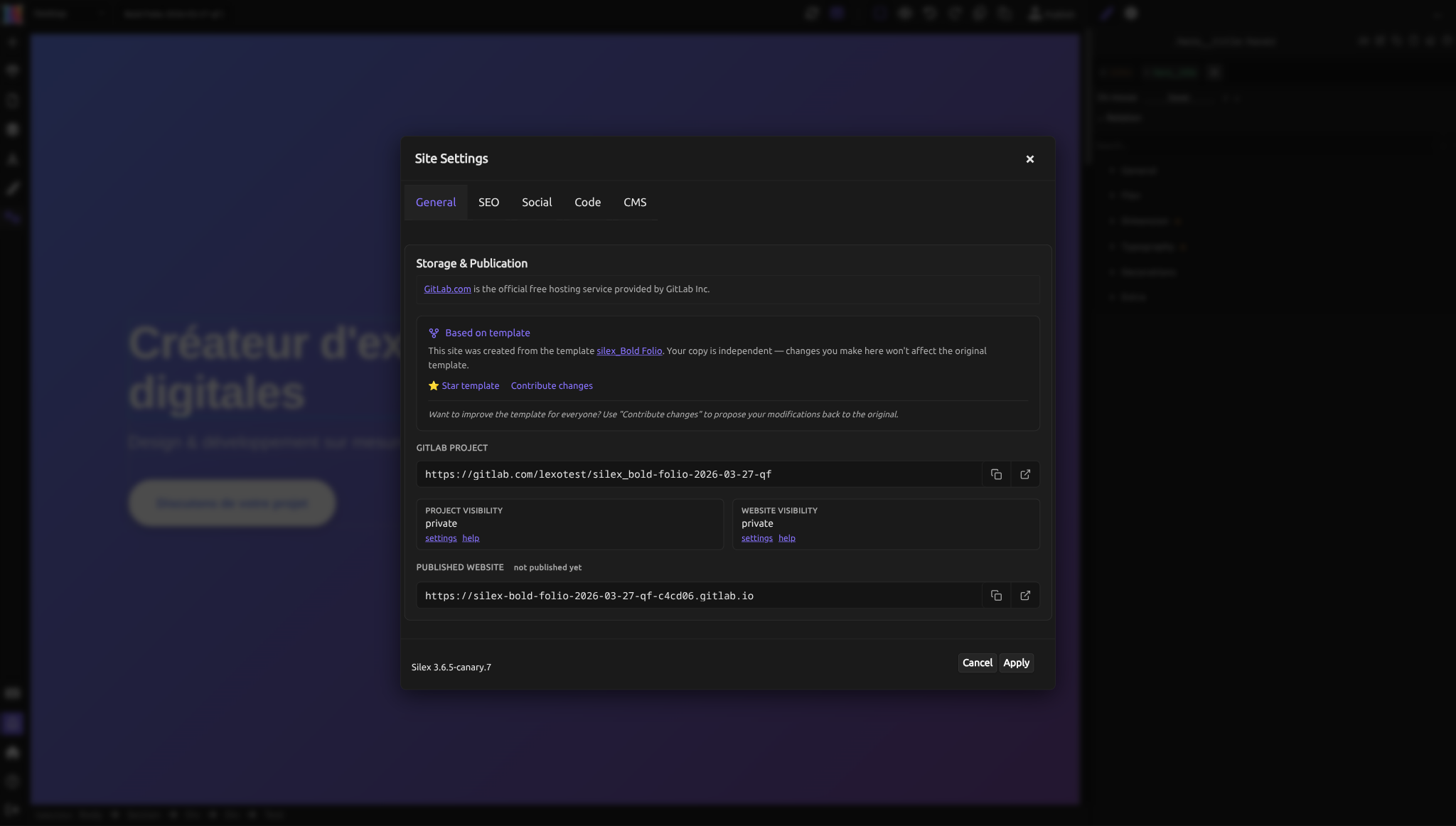 The Site Settings General tab showing Storage & Publication info, GitLab project URL, project and website visibility, and published website URL