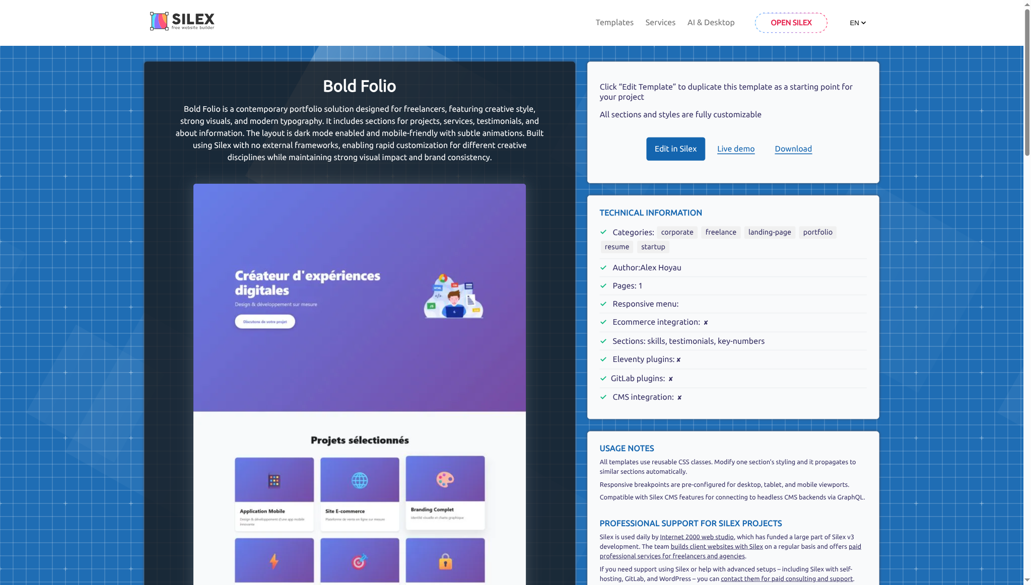 A template detail page showing preview, Edit in Silex button, Live demo, Download, and technical information