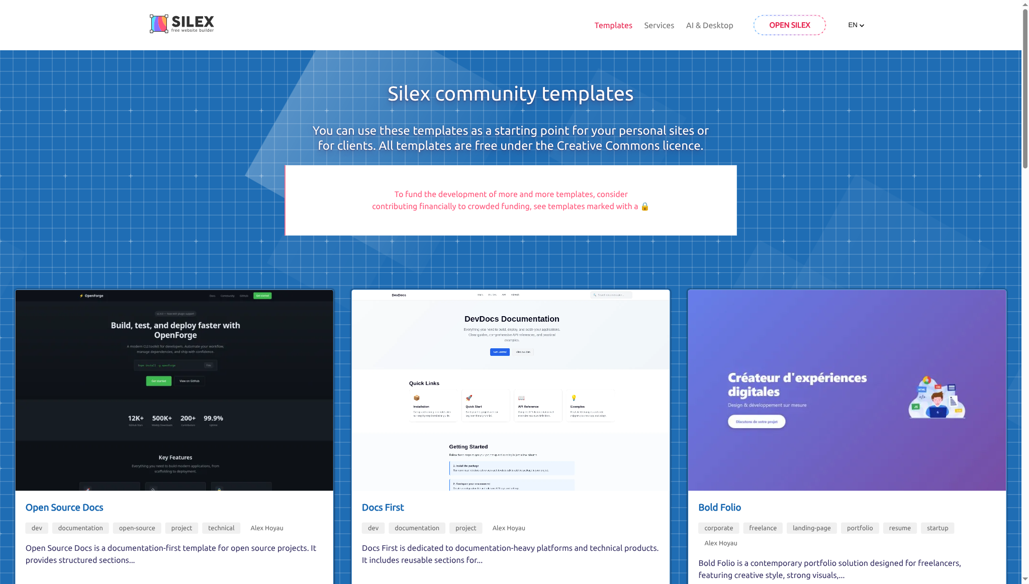 The Silex community templates page showing free templates like Open Source Docs, Docs First, and Bold Folio