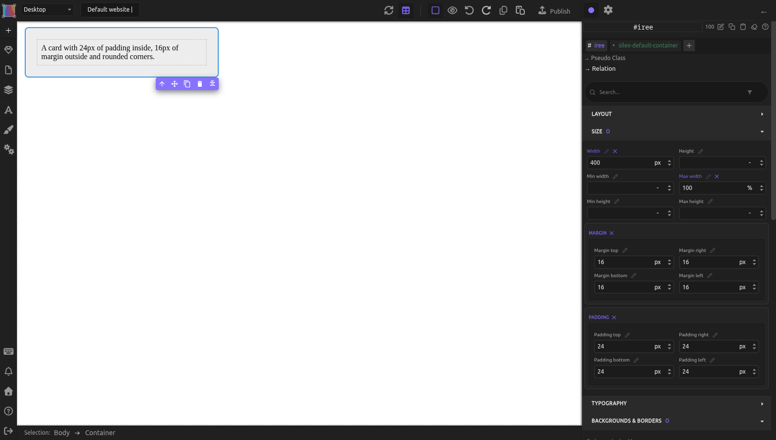 A light gray card in the editor with a short text inside; the card is selected and the Size sector on the right shows Width 400px, Max width 100%, Margin 16px and Padding 24px on every side