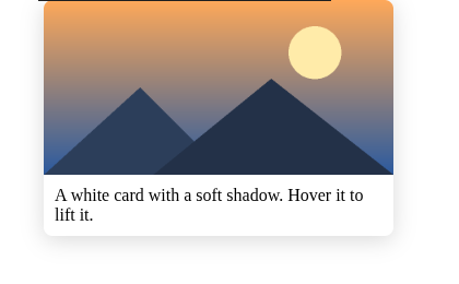The finished card in preview mode, hovered: a landscape image at the top, a short text below, rounded corners and a soft shadow