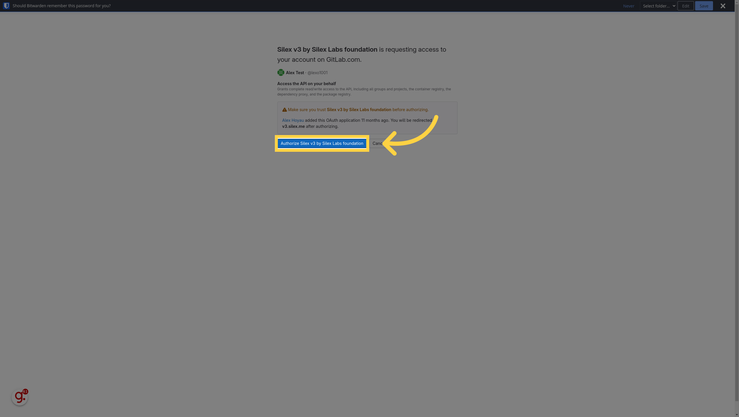 La page de consentement OAuth GitLab avec le bouton « Authorize Silex v3 by Silex Labs foundation » mis en évidence
