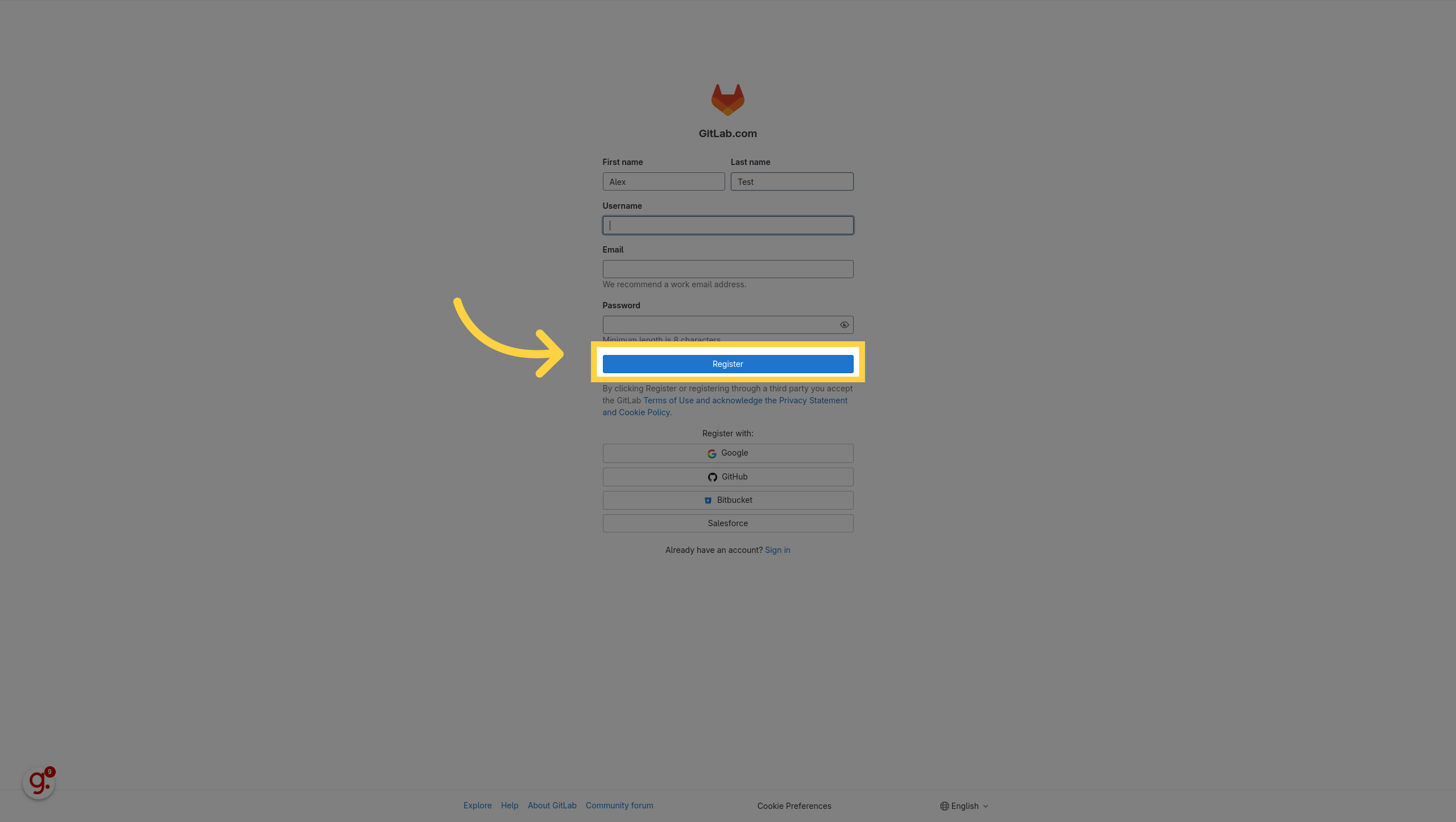 Le formulaire d'inscription GitLab.com avec les champs prénom, nom, nom d'utilisateur, email et mot de passe, et le bouton Register mis en évidence