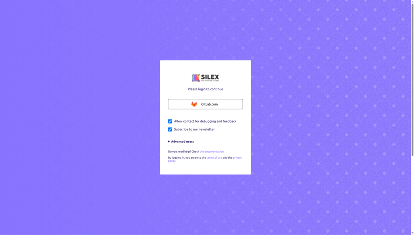 L'écran de connexion Silex avec un bouton GitLab.com, des cases de consentement et une section Utilisateurs avancés pour le FTP