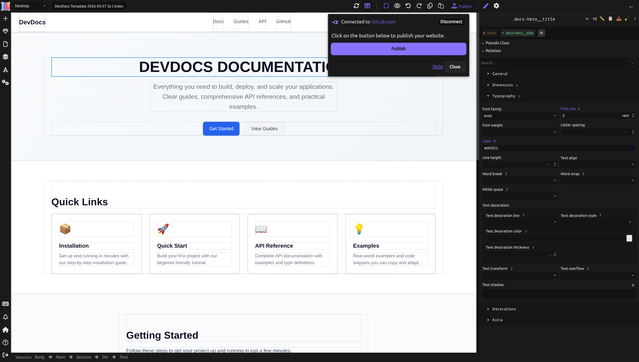 La boîte de dialogue Publier affichant « Connected to GitLab.com » avec un bouton Publish