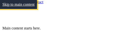 La page publiée juste après un appui sur Tab : le lien Skip to main content apparaît en haut à gauche, blanc sur bleu foncé avec un contour jaune