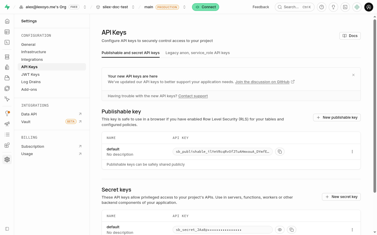La page API Keys de Supabase, avec la clé publishable