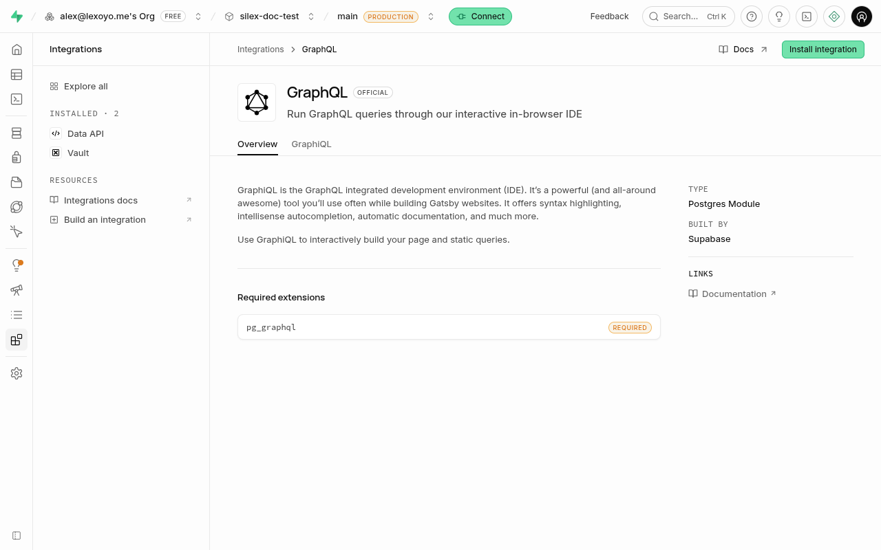 La page de l'intégration GraphQL dans Supabase, avec le bouton Install integration