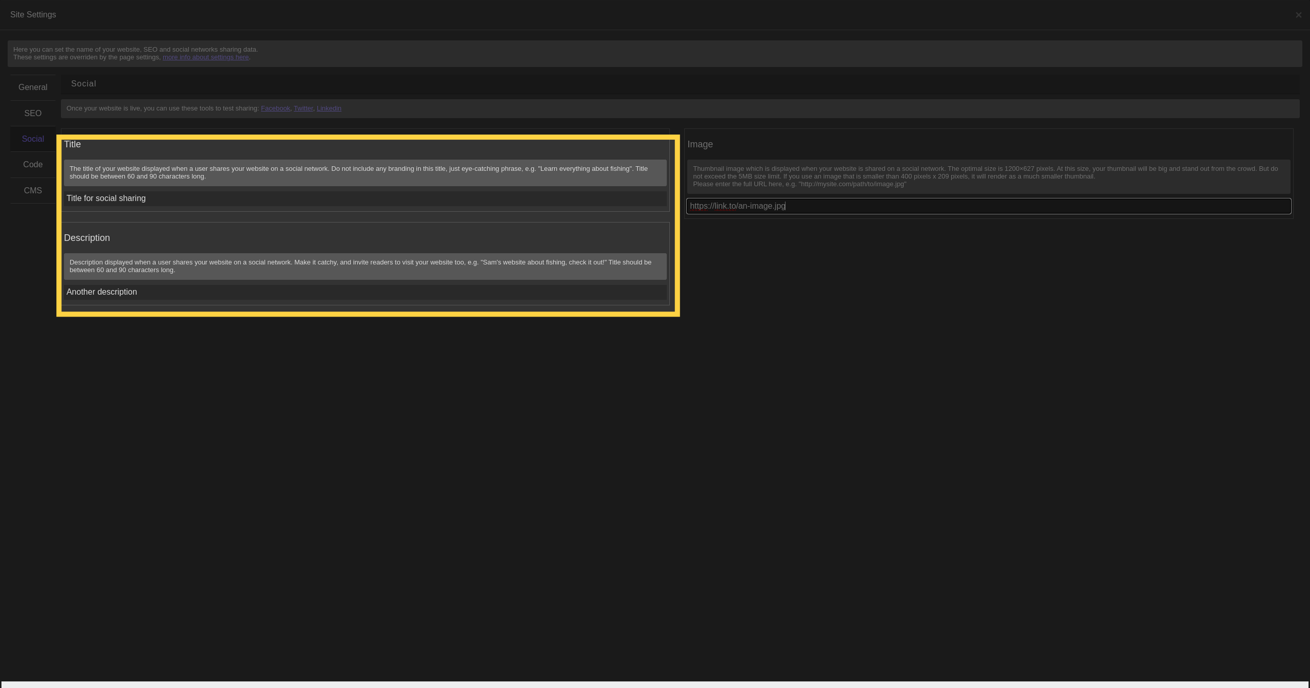 Fill the open graph info, used by social networks when someone will share your website