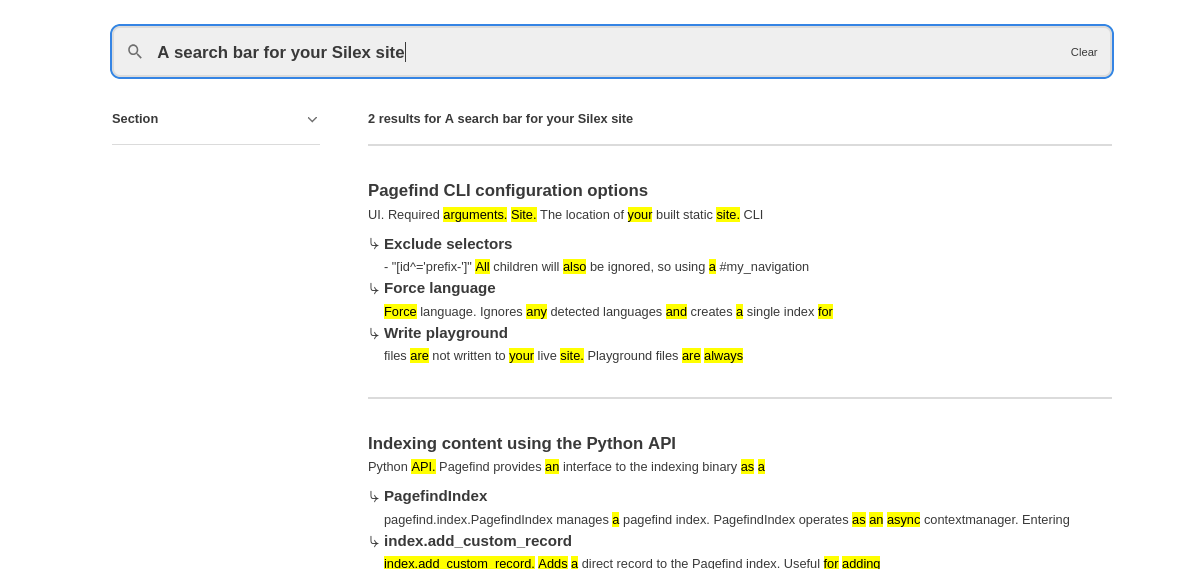 Illustration of search box with results in Silex